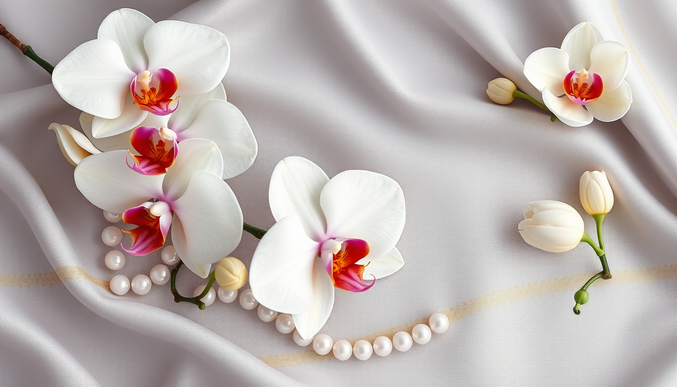 stunning luxury 3D illustration with a perfect composition featuring orchid flowers and strings of pearls on delicate silk fabric with a thin gold pattern, uniform clear focus, top view