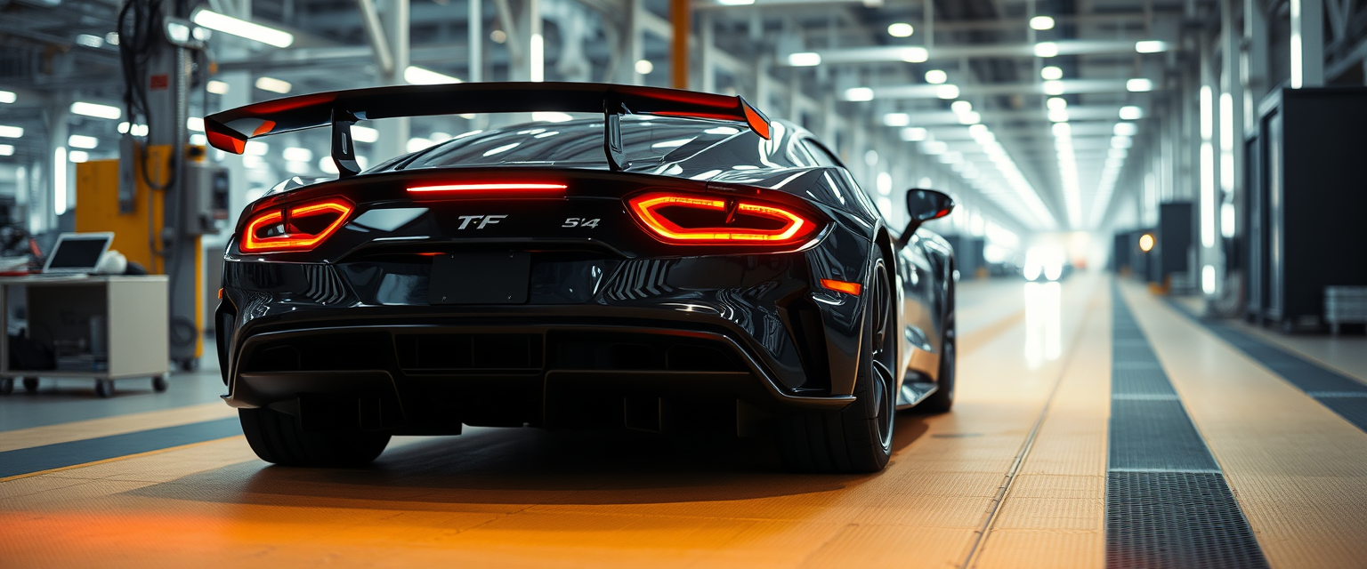 TF car in a factory with lights reflecting off the car's rear body, and the backlight is turned on, highlighting the beautiful car body. - Image