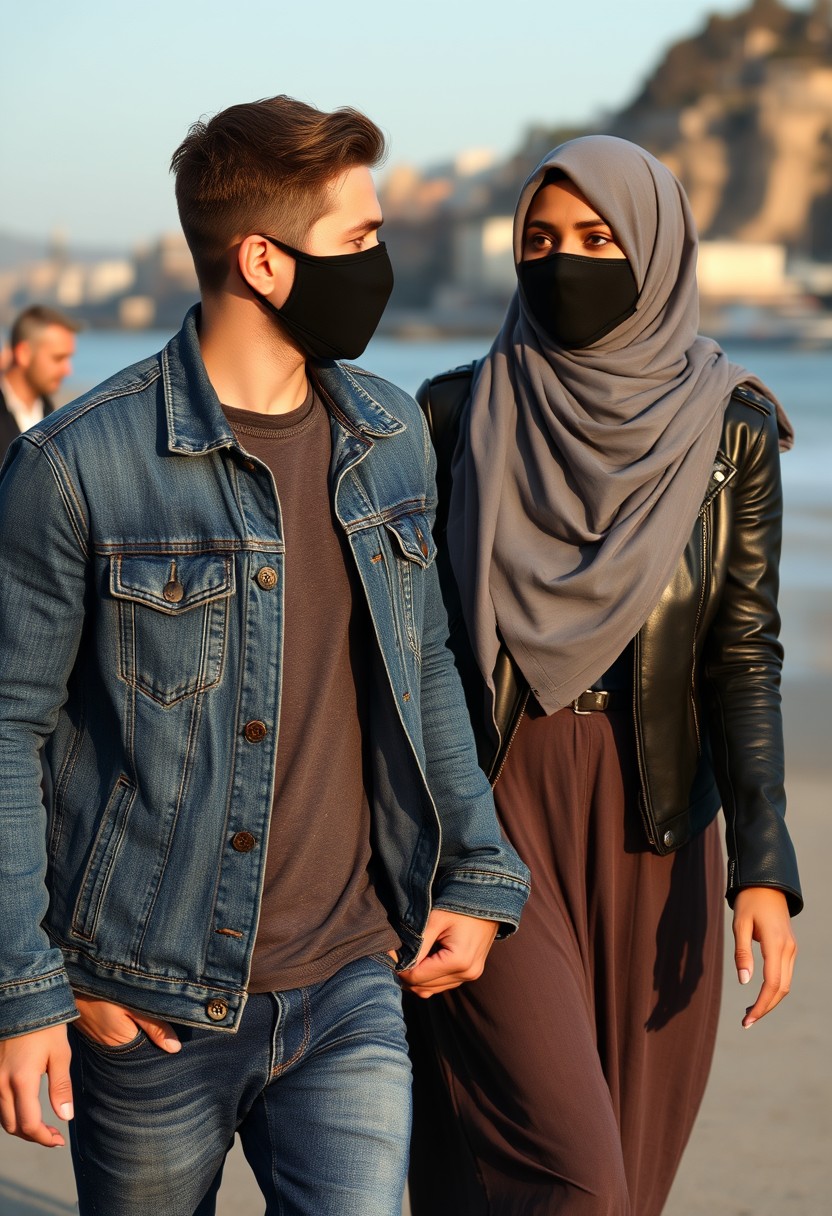 Jamie Dornan's head and body shot, handsome, black face mask, denim jacket, jeans, dating, love couple, with the biggest grey hijab Muslim girl, black face mask, beautiful eyes, black leather jacket, largest skirt, walking happily together at the beach, hyper-realistic, street photography.