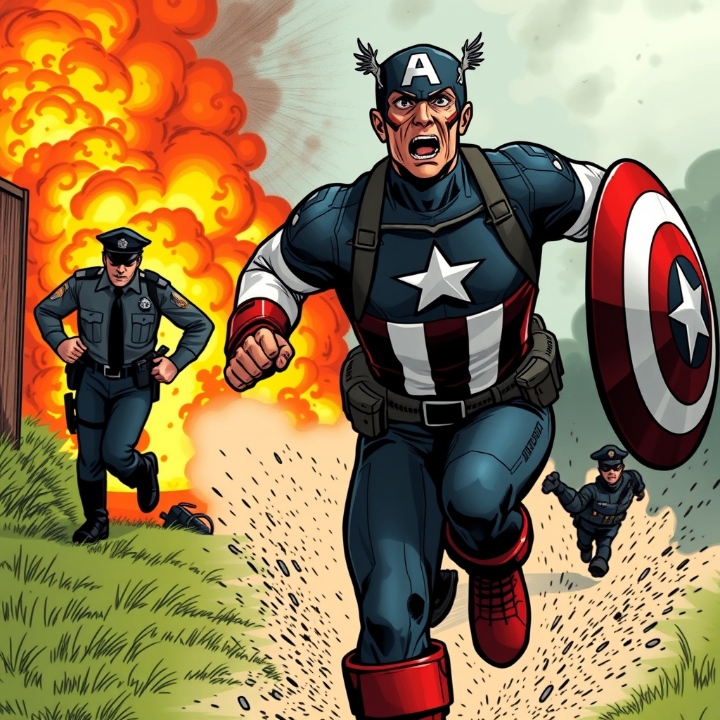 Captain America is running in fear with a look on his face, while a brave police officer is running after him to catch him. - Image