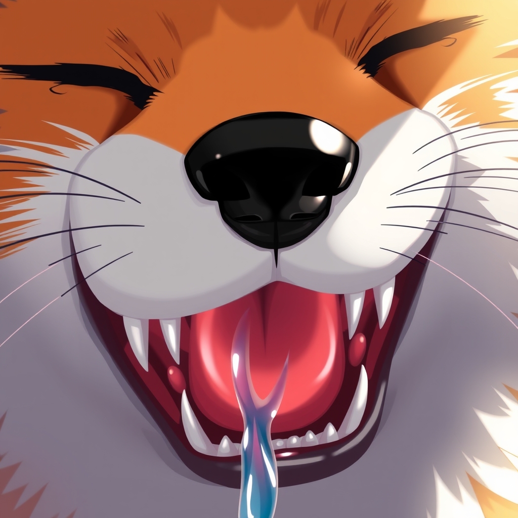 "Furry art style, anime style, depict the details of the fox's mouth, throat details, the throat area should be bright, details of the teeth, details of the saliva, the whole mouth is filled."