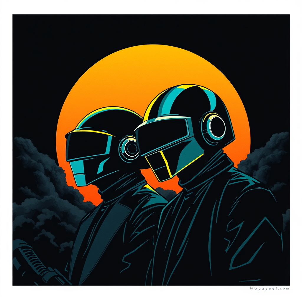 Daft Punk looking on the left, vector art style for a poster or T-shirt, featuring a large sun-like circle in the background, layered with dark grey clouds and tetradic color. The design includes black canvas, dark teal accents, and a sinister atmosphere, reminiscent of album art and CD cover artwork. - Image