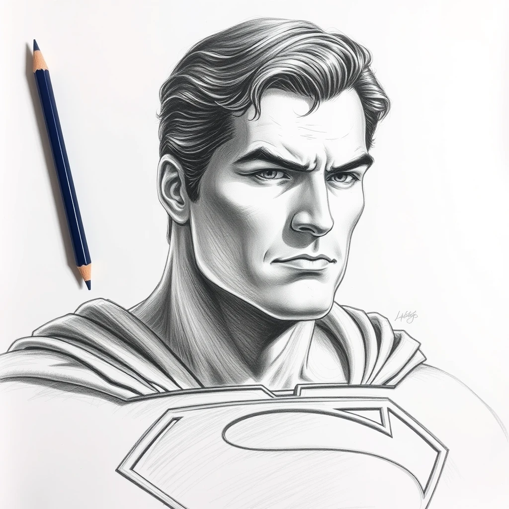 Pencil drawing of Superman highly detailed with shading.