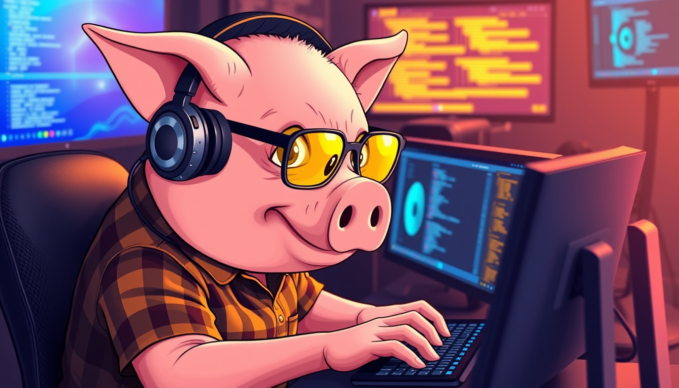 A tech-savvy pig coder, donning yellow-tinted glasses and sleek noise-cancelling headphones, hunches over a cutting-edge multi-monitor setup. The anthropomorphic pig exudes focus, typing furiously. Wearing a plaid t-shirt.