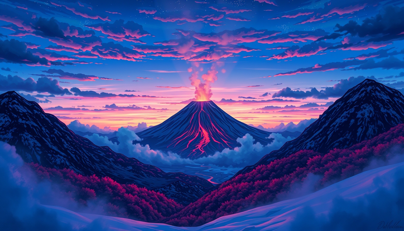 Volcano landscape image. Styled like an anime or game background. Blue sky, sunset, sunrise, night, fog, snow, rain, cloudiness, autumn leaves, rainbow.