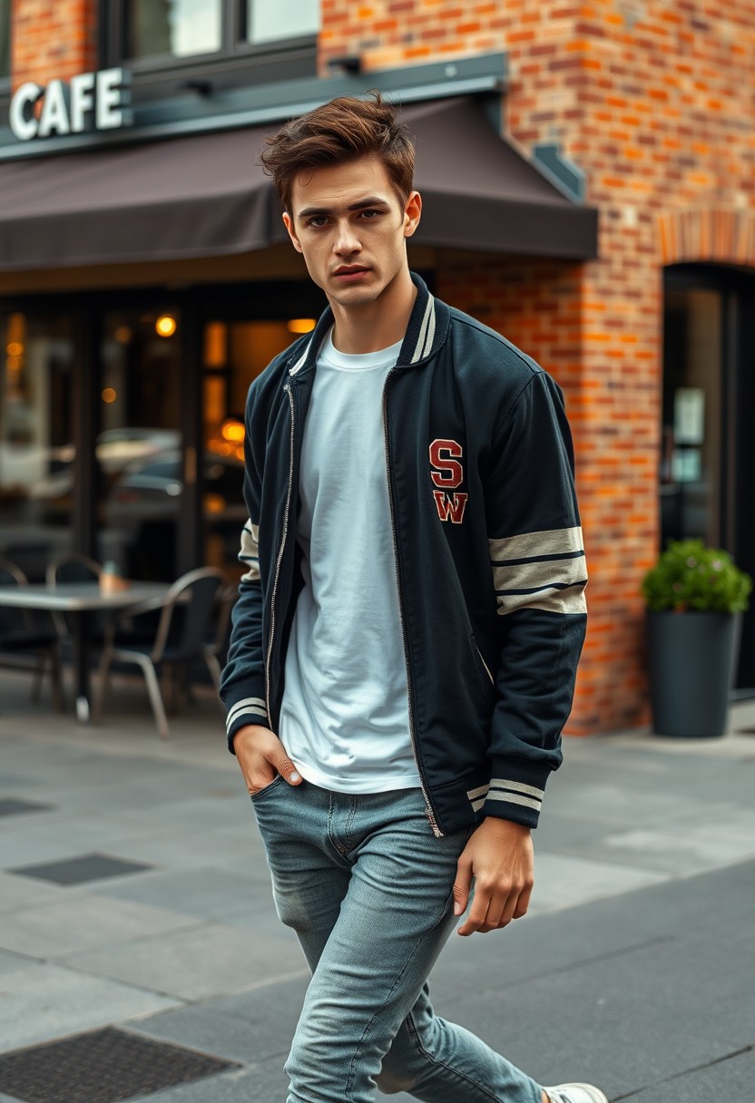 Christian Grey look-alike head and body shot, handsome young man, dark brown hair, serious face, white t-shirt, college jacket, skinny jeans, sneakers, walking with style, near a cafe, hyper-realistic, street photography, brick wall, full body photo, morning scenery.