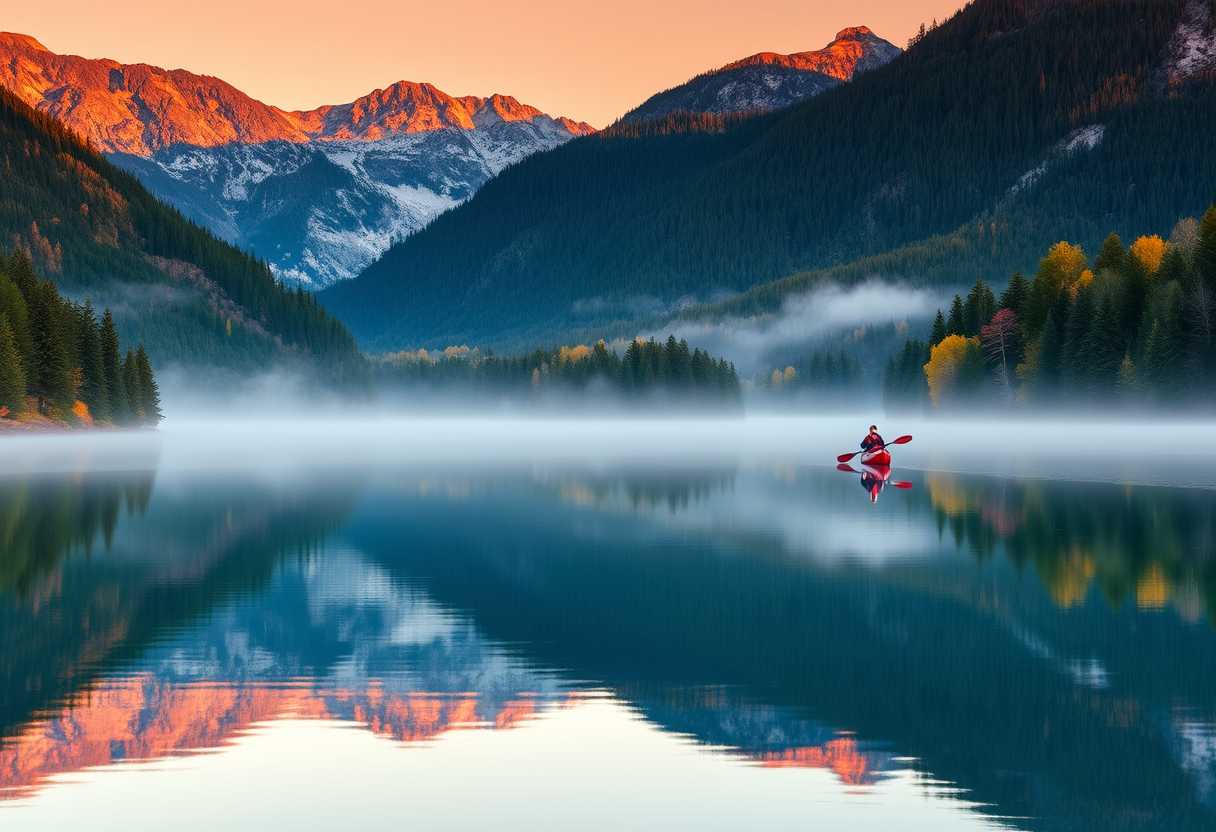 Peaceful, serene lake, mirror-like surface, misty morning, high quality, photorealistic, majestic mountains, pine trees, colorful autumn foliage, reflection, tranquil, secluded, remote, idyllic::0.7 kayaking, canoeing, rowboat, sunrise, sunset