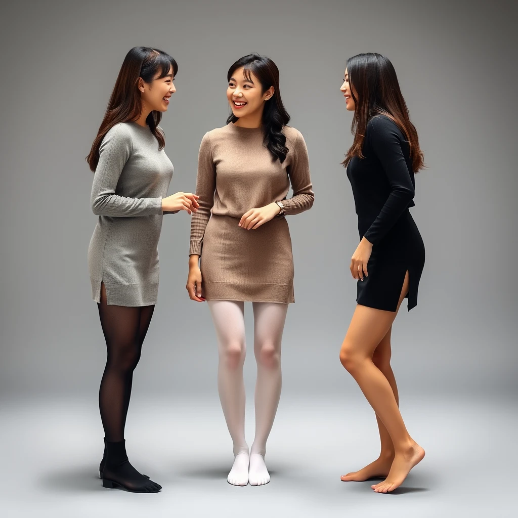 Three women wearing white and black stockings facing each other, laughing and touching their feet, real photo style, Asian style. - Image