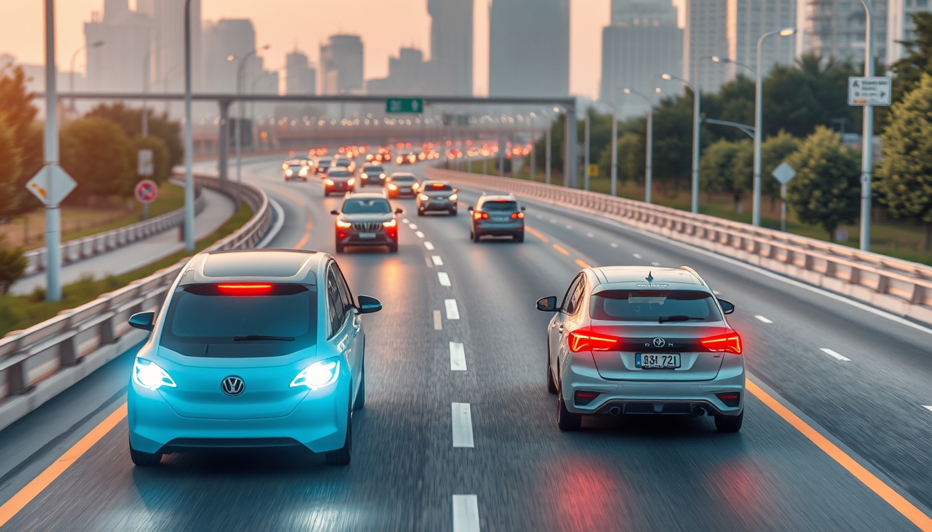 Autonomous vehicles on smart highways, depicting the future of transportation.