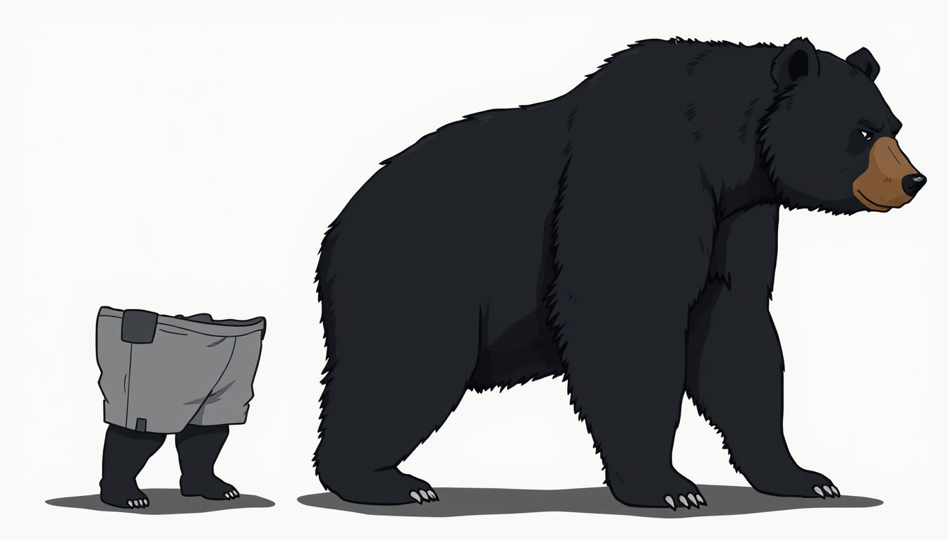 Realistic black bear standing. Comic of weight gain progression from thin to obese.