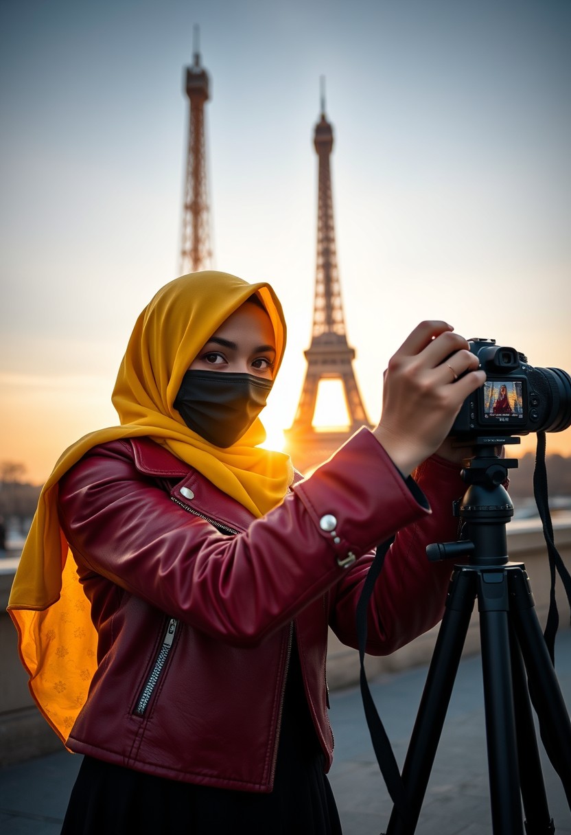 Biggest hijab yellow Muslim girl, beautiful eyes, face mask black, red leather jacket, black biggest skirt, camera DSLR CANON, tripod, taking photo Eiffel Tower, sunrise, morning scenery, Eiffel Tower, hyper realistic, street photography.