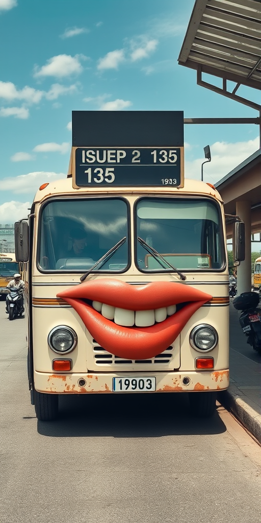 Surreal and whimsical image featuring a vintage bus parked at a bus station. The bus has a cream-colored exterior with a slightly weathered look, and the number '1903' is displayed on the front. The most striking feature is the large, exaggerated set of lips and teeth superimposed on the front of the bus, resembling a face with headlights as eyes and giving it a cartoonish and humorous appearance. The bus station has a covered area with a high roof, and there are other buses and motorcycles visible in the background. The bus destination sign reads 'ISUEP SIP 135' in white text on a black background. The overall scene is bright and clear, with a blue sky and some clouds visible. - Image