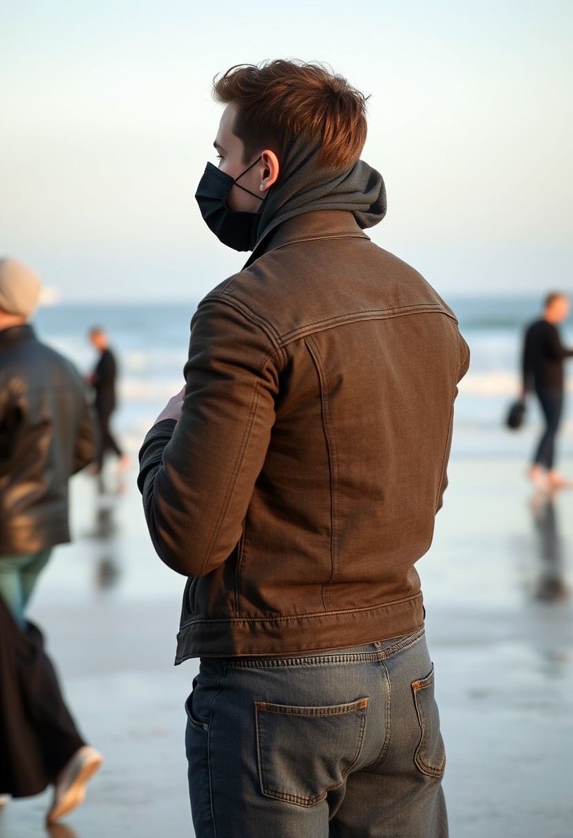 Jamie Dornan's head and body shot, handsome, face mask black, jeans jacket, jeans, dating, love couple, hug from the back, with the biggest grey hijab Muslim girl, face mask black, beautiful eyes, black leather jacket, biggest skirt, at the beach, hyper-realistic, street photography. - Image