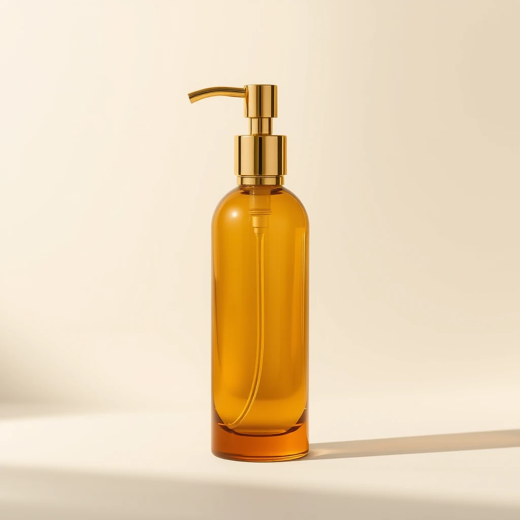 A minimalist Instagram-style product background featuring a sleek, amber-colored pump bottle with gold accents, similar to the one in the provided image. The background should be clean, with soft, neutral tones like beige or light gray, giving a luxurious and modern feel. The lighting should be soft, with gentle shadows to highlight the bottle's reflective surface. The setting should be simple, without clutter, focusing on the elegance of the bottle, making it ideal for an Instagram post.