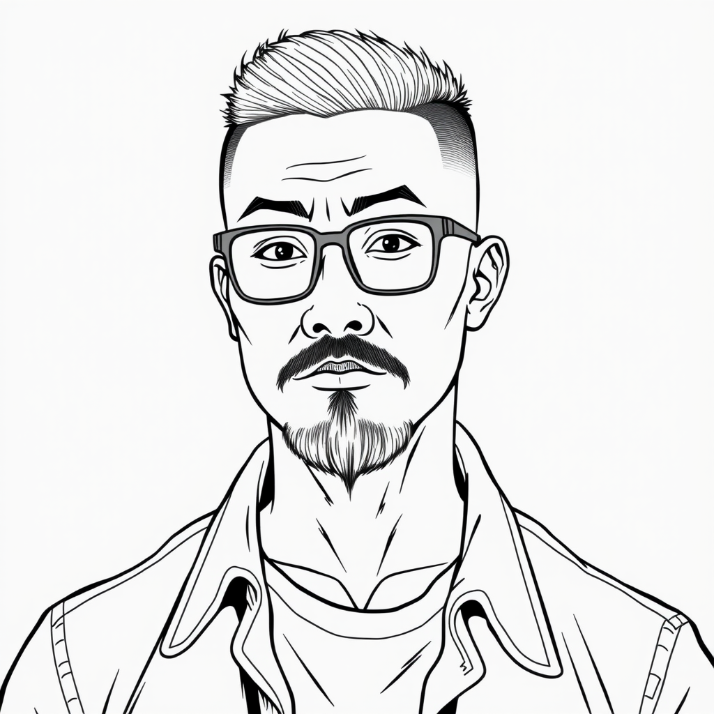 A line drawing headshot of a Chinese male around 35 years old, exuding a strong street vibe. His hairstyle is a clean-cut crew cut, seemingly proclaiming his resilience and indomitable spirit. He has a robust and powerful physique, as if shaped by years spent on the streets, every muscle telling a story. Wearing a pair of framed glasses, he appears refined yet subtly radiates the light of street wisdom. The unevenly trimmed short beard on his chin gives a rebellious and unconventional feel, embodying a full street style. Dressed in a casually open shirt with a rolled collar, he reveals a carefree street attitude. His face is full yet retains sharp angles, blending the ruggedness and edginess honed from street life, creating a unique personality charm that is rich in street essence. - Image