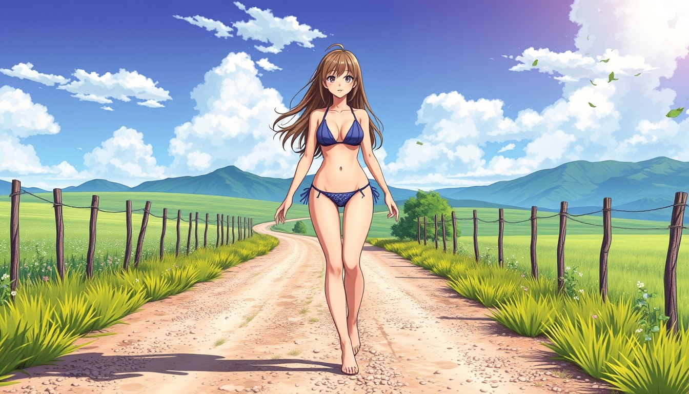 A beautiful adult bikini girl walking on a gravel country road, anime style, barefoot.