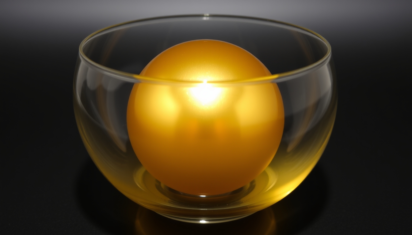 A glass bowl with a gold ball inside it.