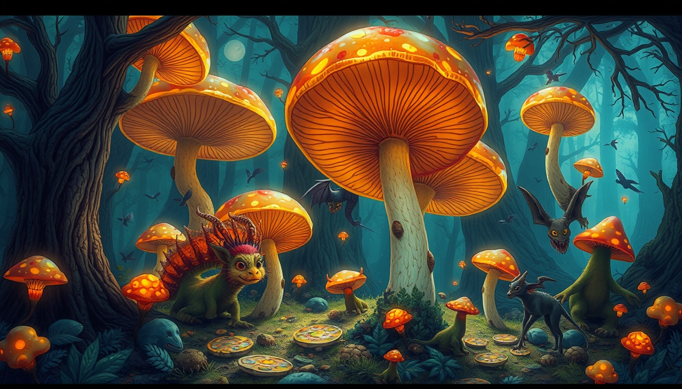 A whimsical forest scene with glowing mushrooms and mythical creatures, intricately detailed.