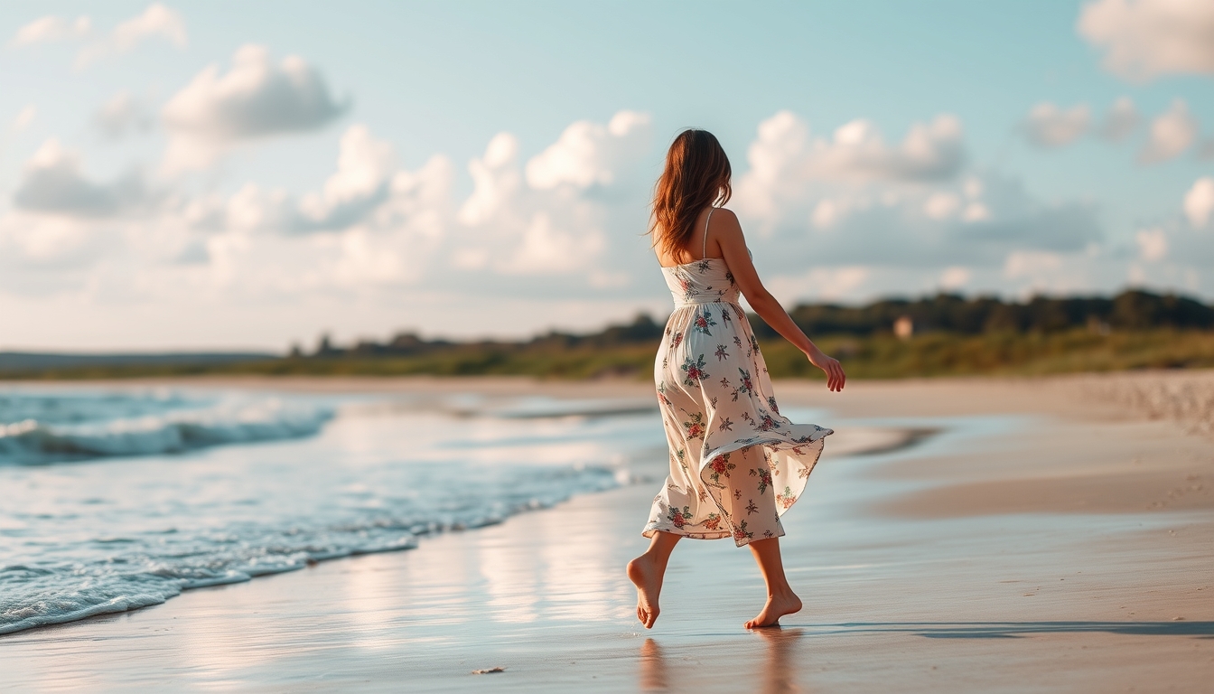 "A beautiful woman walks barefoot."