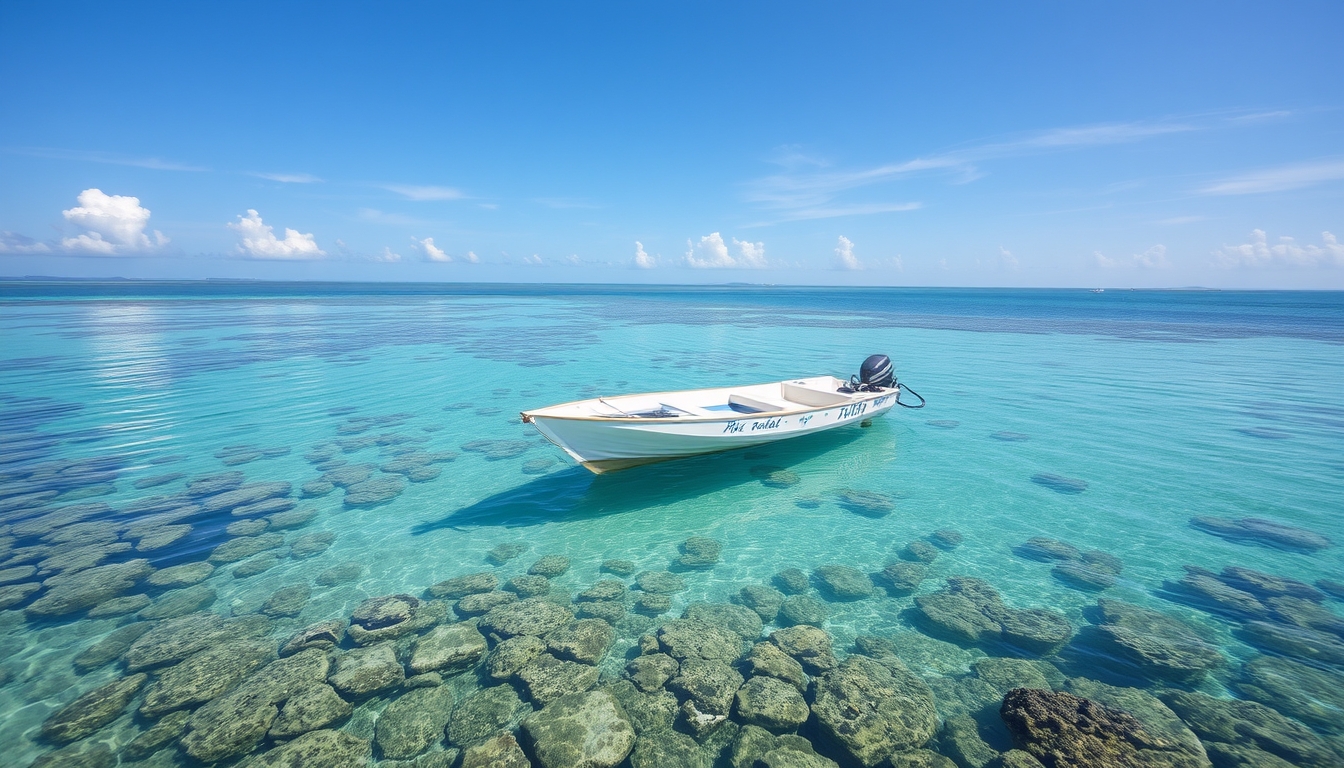 A tranquil beach with a glass-bottomed boat floating over a coral reef.