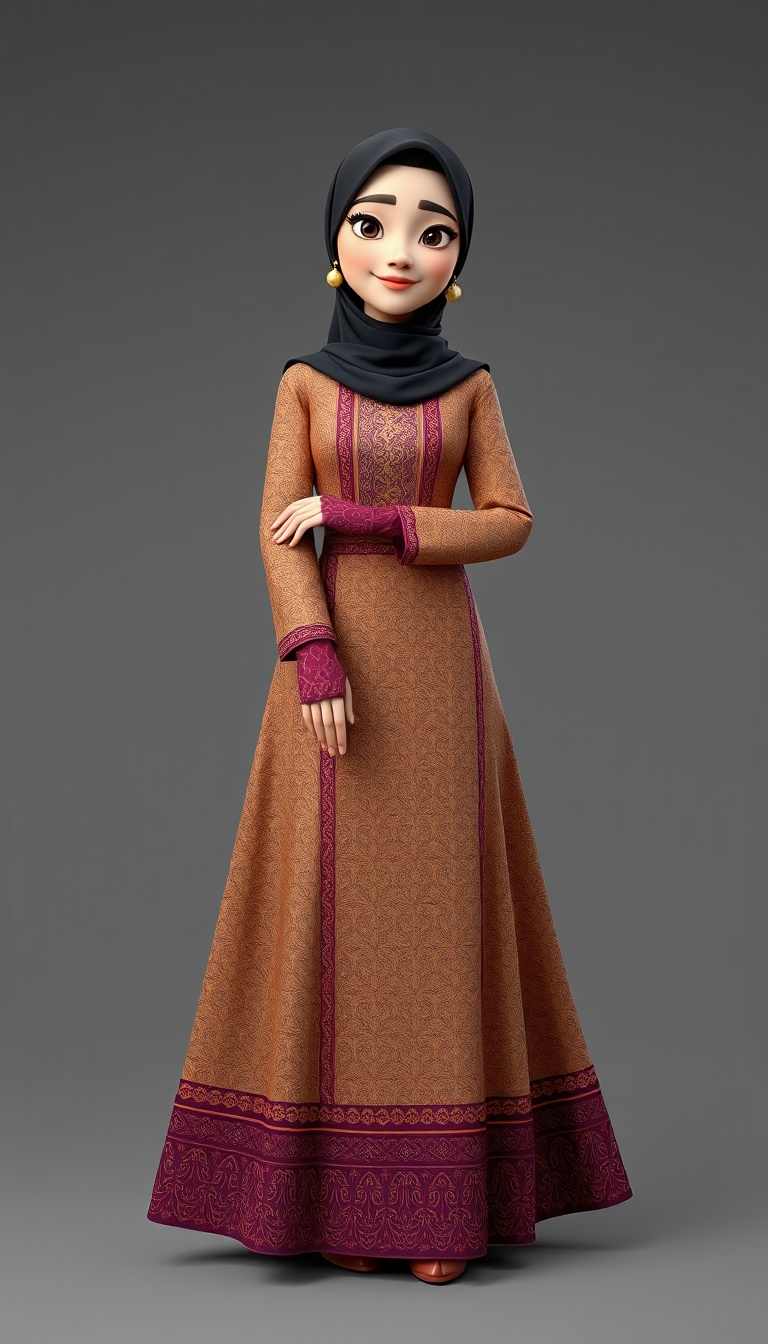 Create a 3D, 8K animated cartoon of a Muslim woman from Palembang wearing a long traditional songket dress. She should have her hands covered with batik gloves. The image should capture the elegance and cultural richness of the attire.