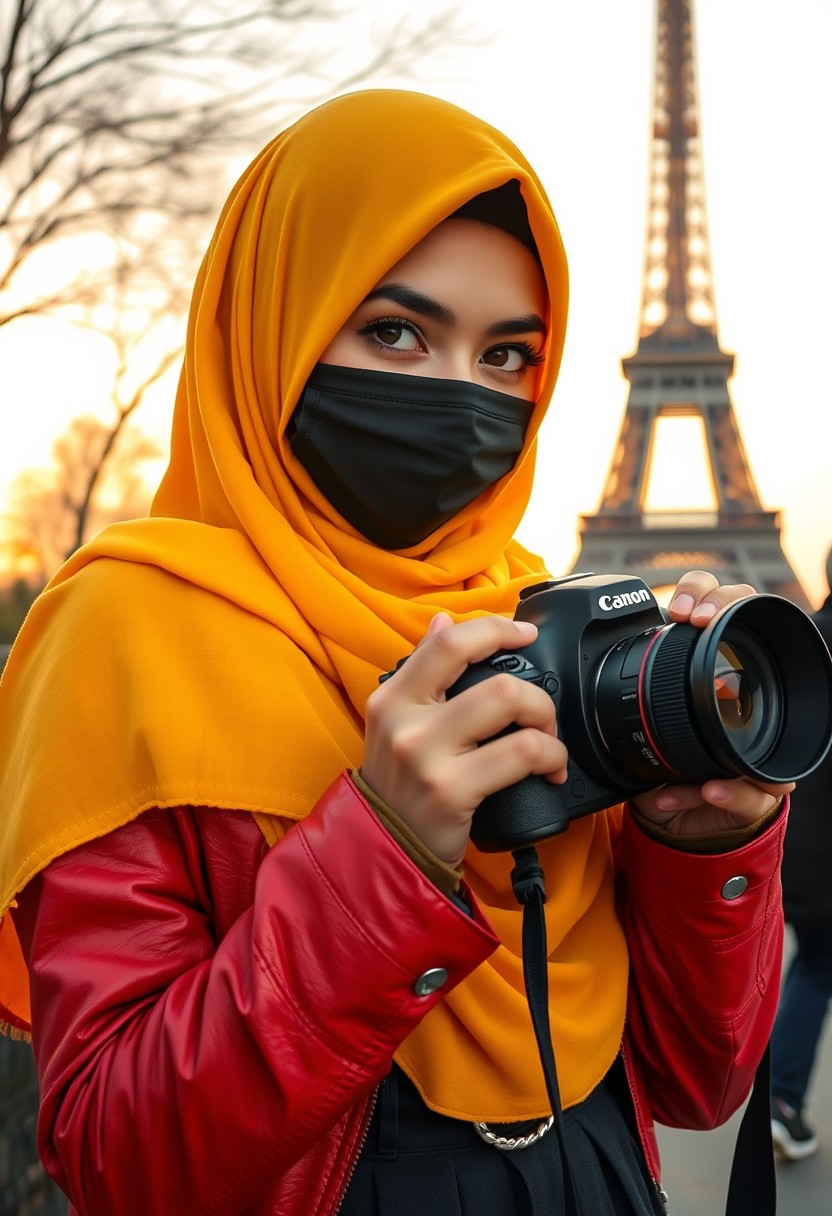 Biggest hijab yellow Muslim girl, beautiful eyes, face mask black, red leather jacket, biggest skirt, holding DSLR Canon camera, sunrise, morning scenery, Eiffel Tower, hyper-realistic, street photography. - Image