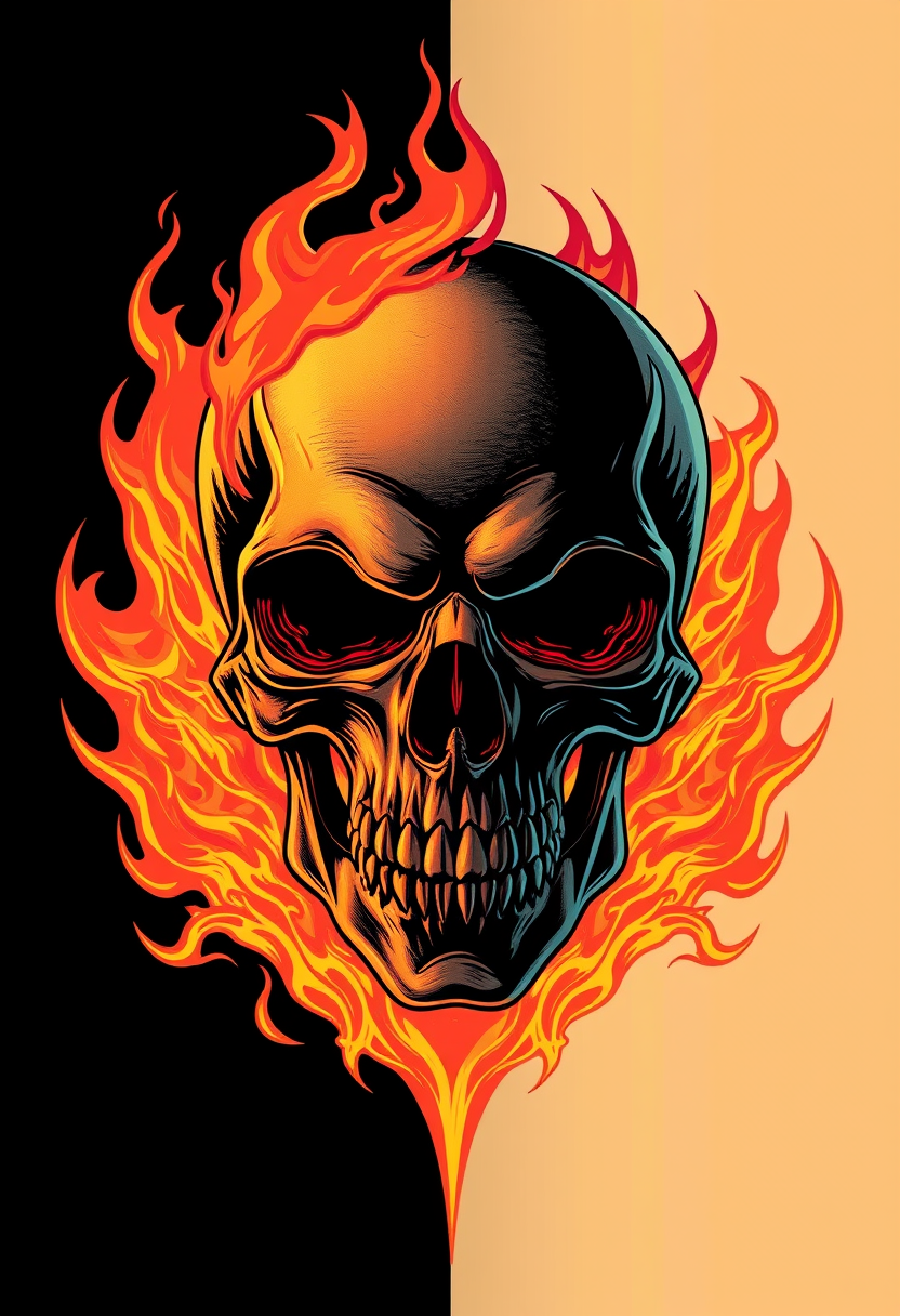 Skull fire, y2k style, vector silk-screen dualtone, art by opyeOrtiz, center png art