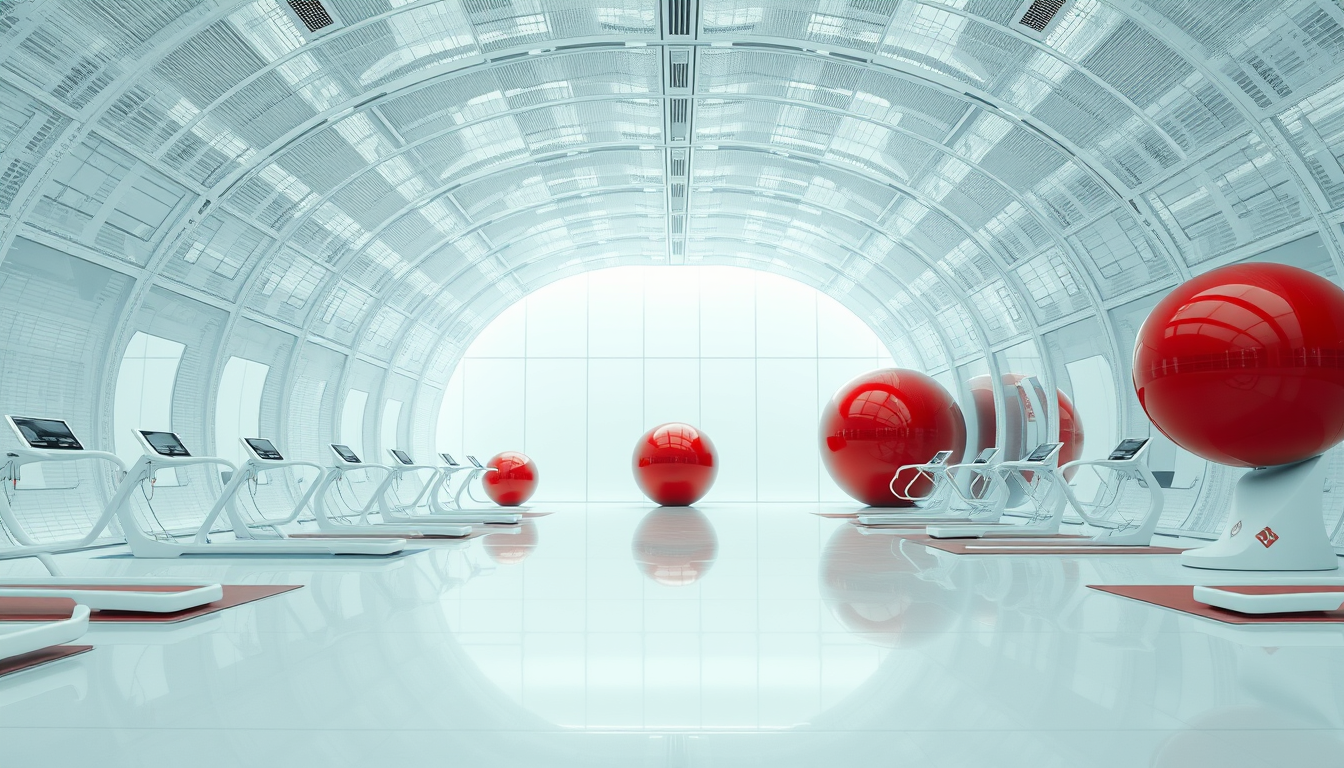 An eye-level, wide-angle shot of an empty fantasy, futuristic, and alien gym that features horizontally and vertically curved structures covered in white metallic reflective material. There are no people in it, only futuristic-looking training machines with white metallic frames, yoga mats, as well as many transparent glass partitions. In the background, there are a few spherical red objects with a reflective, metallic surface that resemble large, smooth capsules. These objects are positioned on a sleek, ultra-white shiny floor that reflects their surfaces. The focus is on the sleek horizontally and vertically curved architecture covered in white metallic reflective material, and those futuristic-looking gym equipment. - Image