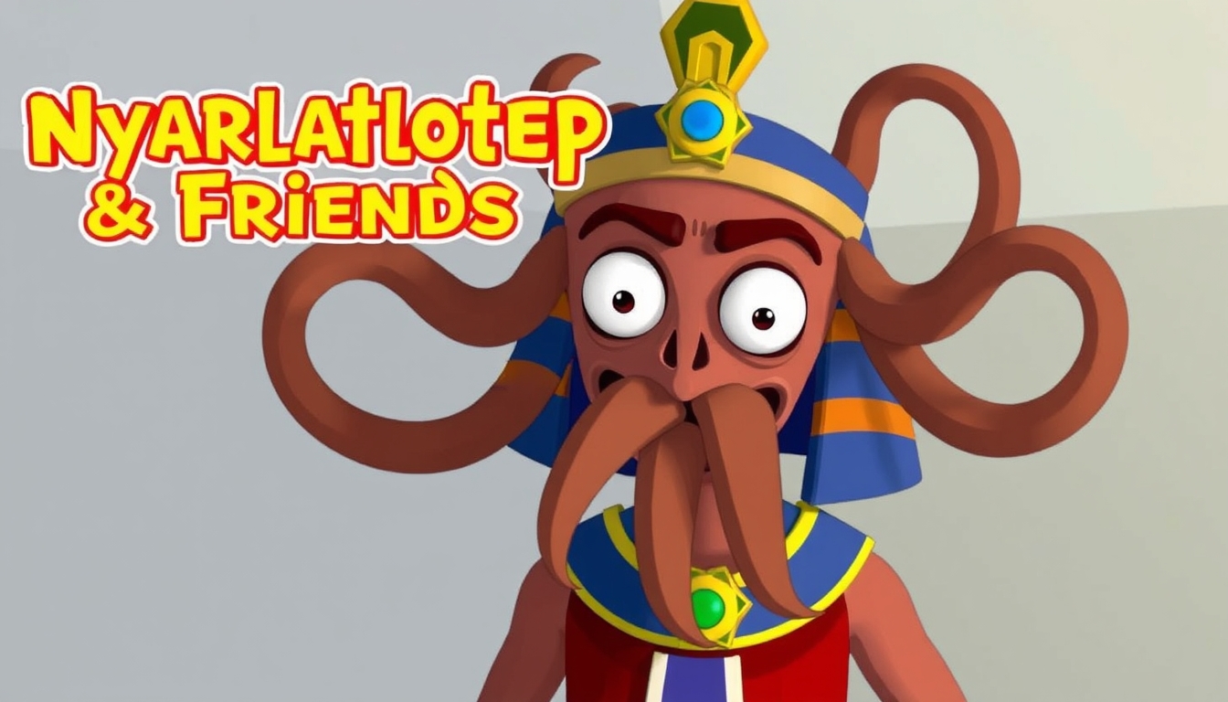 Poster for a TV show for kids called "Nyarlathotep & Friends" about an Egyptian god with tentacles. - Image