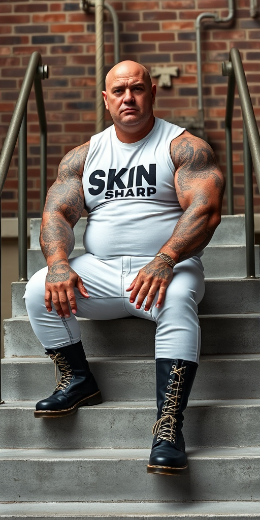 Prompt: a portrait-style photograph featuring an extremely huge 50-year-old muscular, beefy, handsome male skinhead bodybuilder sitting on a set of concrete stairs. He has a bald head, light skin, and is wearing a white t-shirt with the Skin Sharp logo on it. His enormous muscular arms are heavily tattooed with intricate designs. He is also wearing tight bleached denim trousers that highlight his huge, muscular legs and black knee-high Dr. Martens boots with white laces. The background consists of a brick wall and metal handrails on either side of the stairs. The overall setting appears to be industrial.