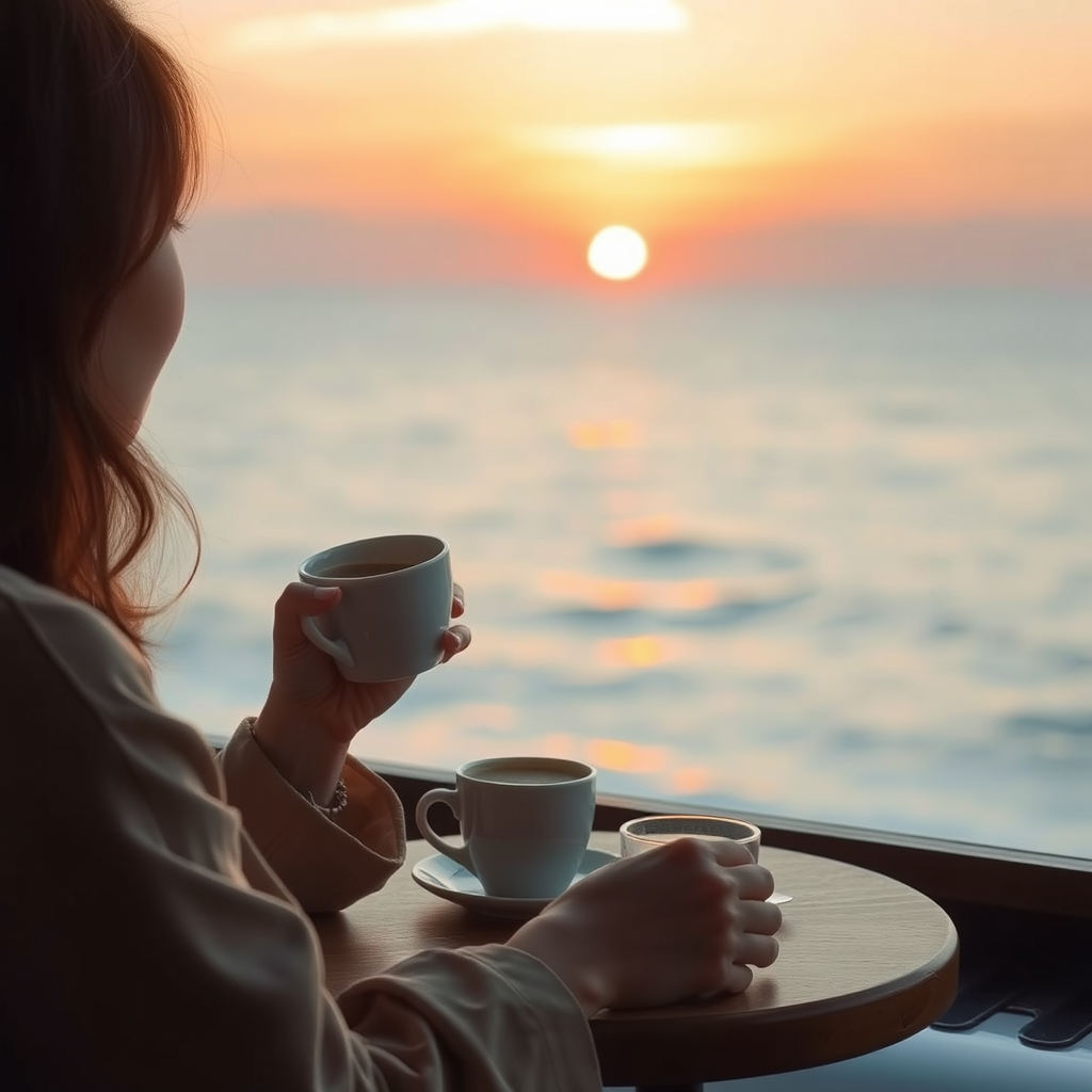 ☕ **Sunset Coffee**: "Korean woman at seaside café, aromatic coffee, watching sunset, sea and sky merging, tranquility, photorealistic style" - Image