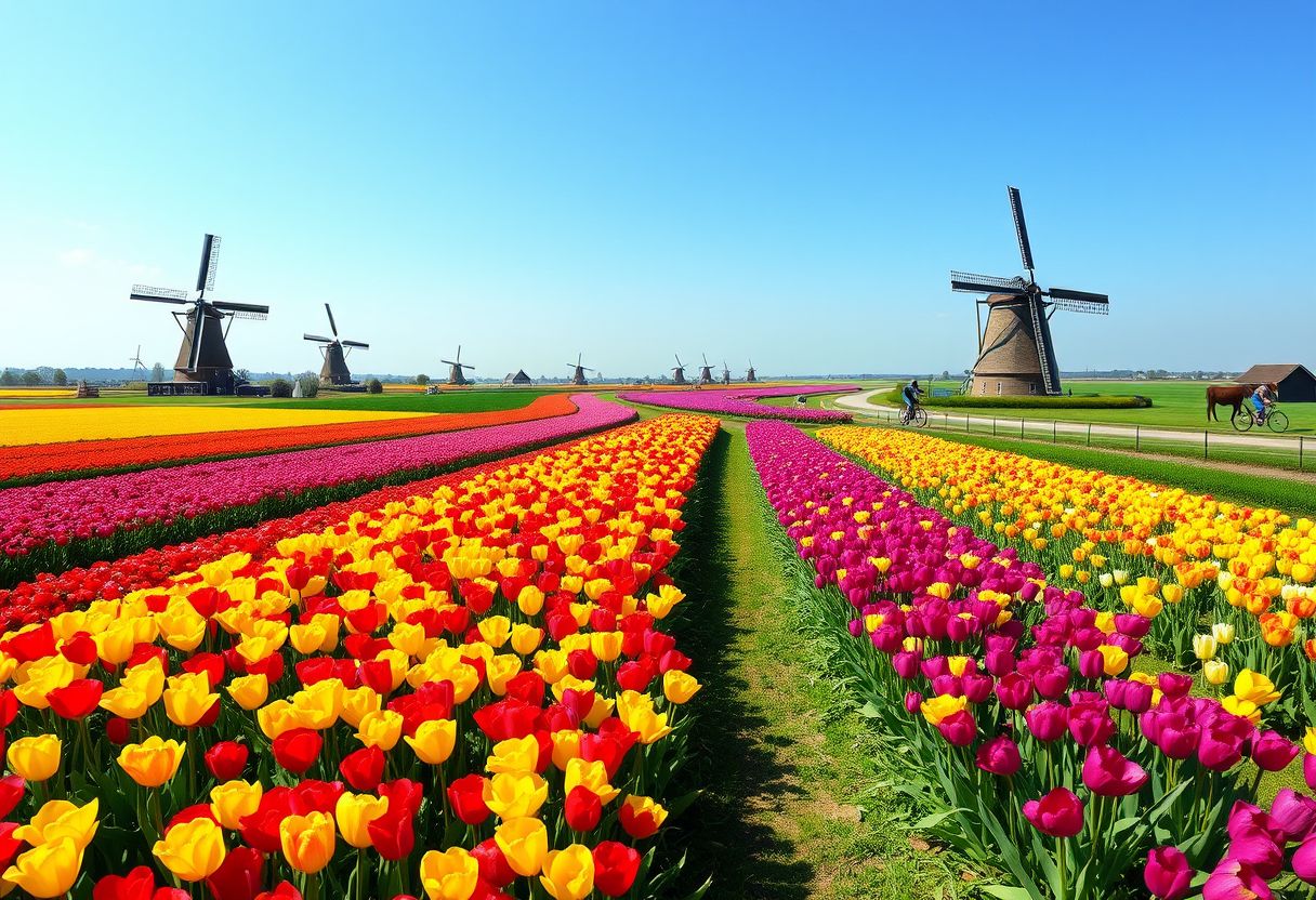 Sprawling, colorful tulip fields, blooming flowers, vibrant, cheerful, high quality, photorealistic, idyllic, springtime, windmills, rural, Dutch countryside, picturesque, breathtaking::0.9 cycling, bicycle paths, windmill-lined canals, charming, blue skies, peaceful, farmland, grazing cows.