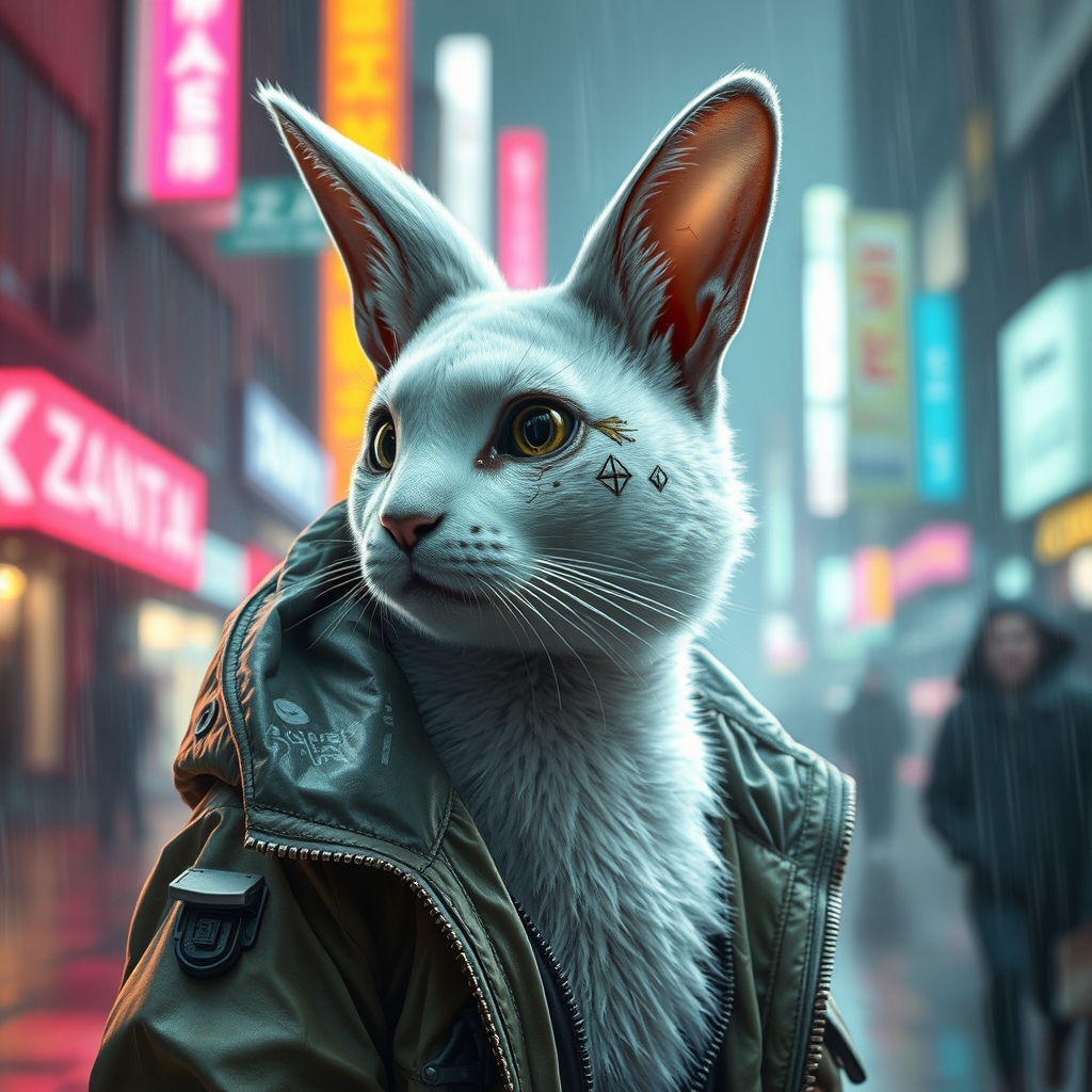 An adult white rabbit stands in a cyberpunk city, in the rain. He's wearing a cyberpunk style jacket. The cat has an augmentation on his right eye and a lot of scars. Cyberpunk implants are visible on the cat. A masterpiece, maximum detail, cinematography. - Image