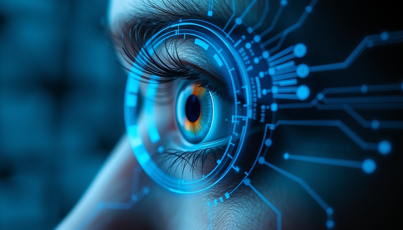 A human eye augmented with a digital interface, scanning information.