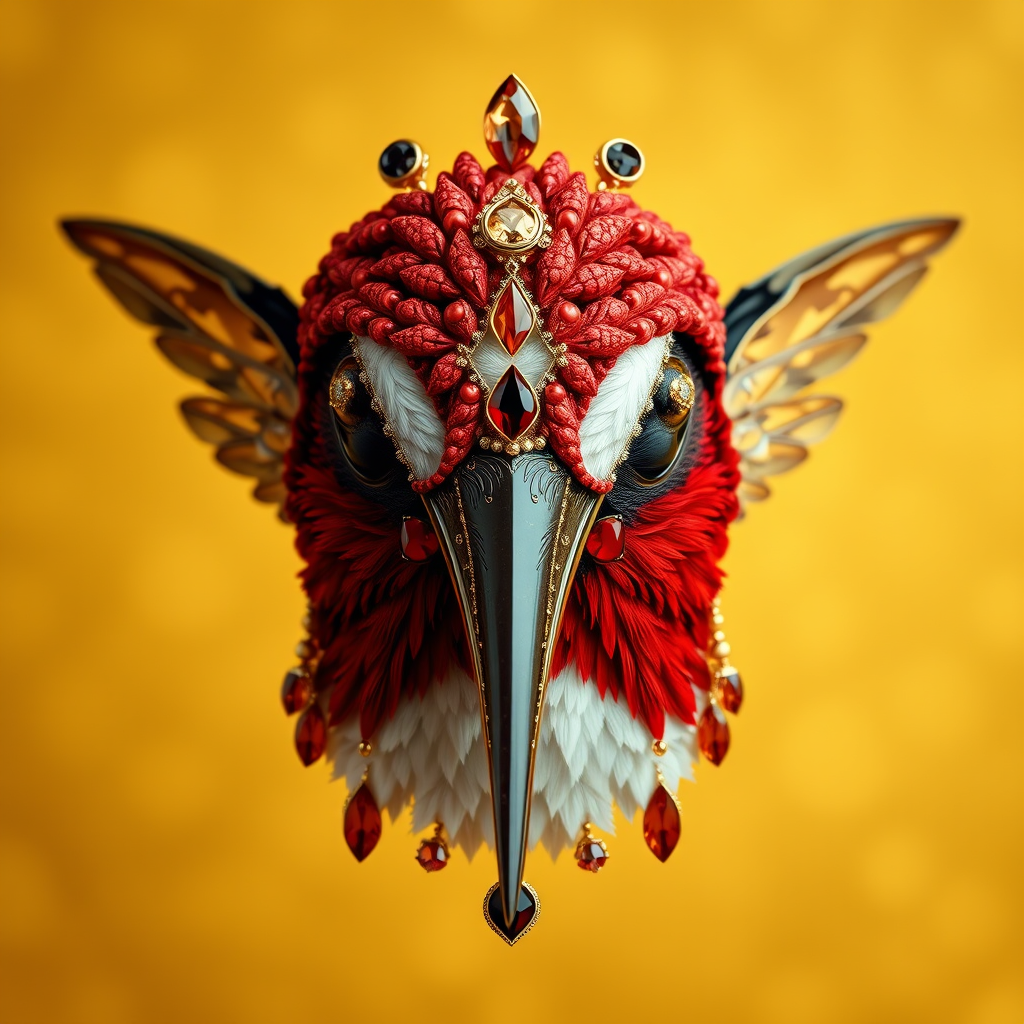 Realistic anthropomorphic red, white, and black hummingbird face frontal made of red coral, mahogany, black obsidian, bloodstone, tourmaline, and gold; elegant, diamonds, gold; elegant, masterpiece, concept art, tectonic, gold shiny background; Nikon photography; shot photography by Wes Anderson; Kodak color; HD; 300mm.