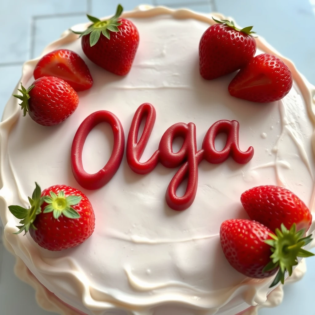 A cake with strawberries and the text "Olga" in Russian.