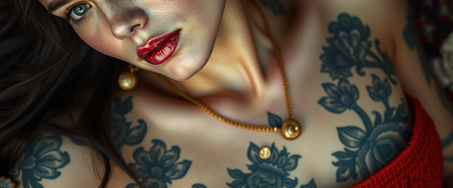 Close-up view of the tattooed chest of a white-skinned Korean Indian woman with beautiful facial features, blue eyes, wearing gold ornaments, lying down.