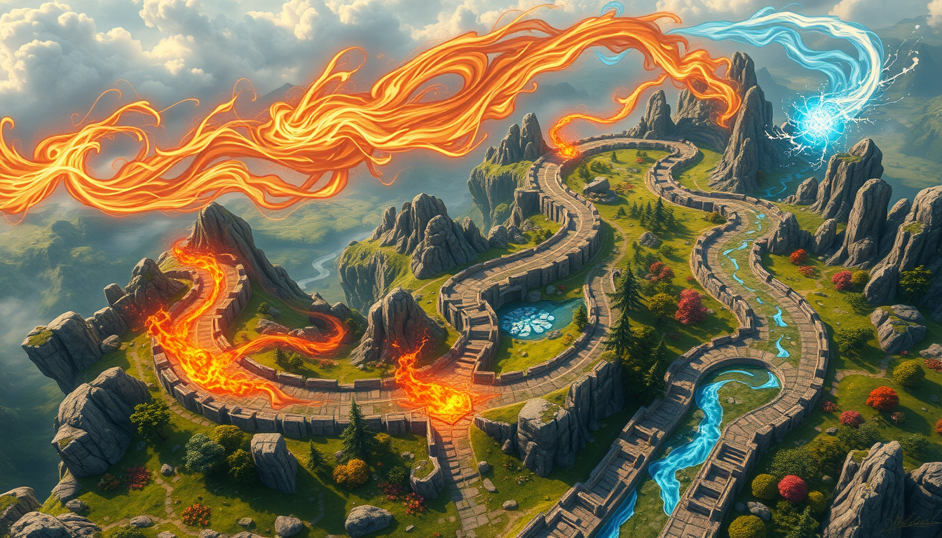 A large, magical fantasy map with prominent, winding roads leading to distant kingdoms. The roads are filled with swirling magical winds carrying the essence of fire, frost, and storms, with flickering flames and icy patches along the paths. The landscape surrounding the roads includes rocky terrains, lush trees, vibrant flowers, and green grasslands, with no buildings or mountains. The style is mystical and vibrant, with rich colors and intricate details, focusing on the enchanted roads and their natural surroundings. The map has an otherworldly atmosphere, filled with magical energy and dynamic weather effects.