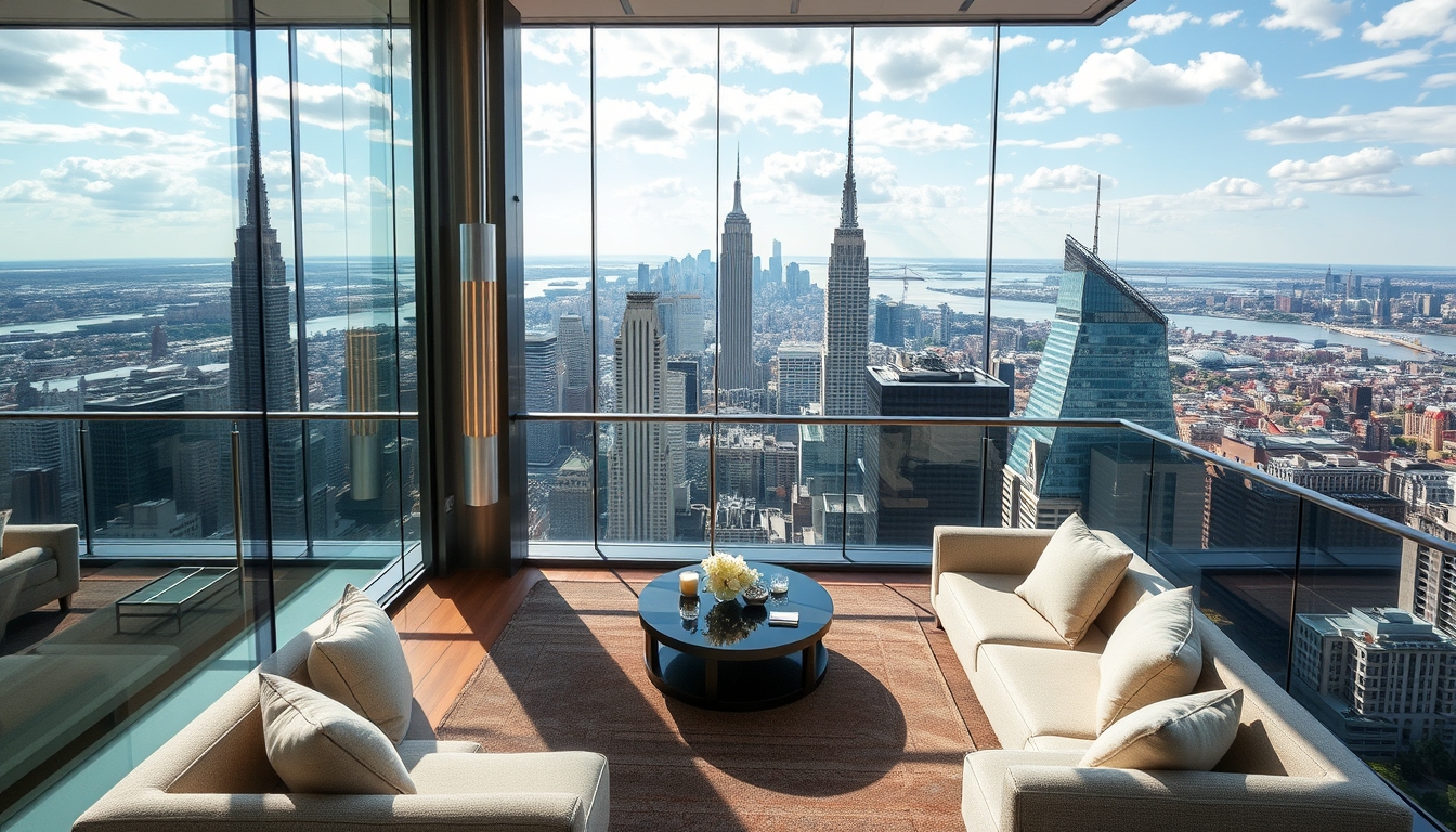 A luxurious glass-walled penthouse apartment overlooking a bustling city.