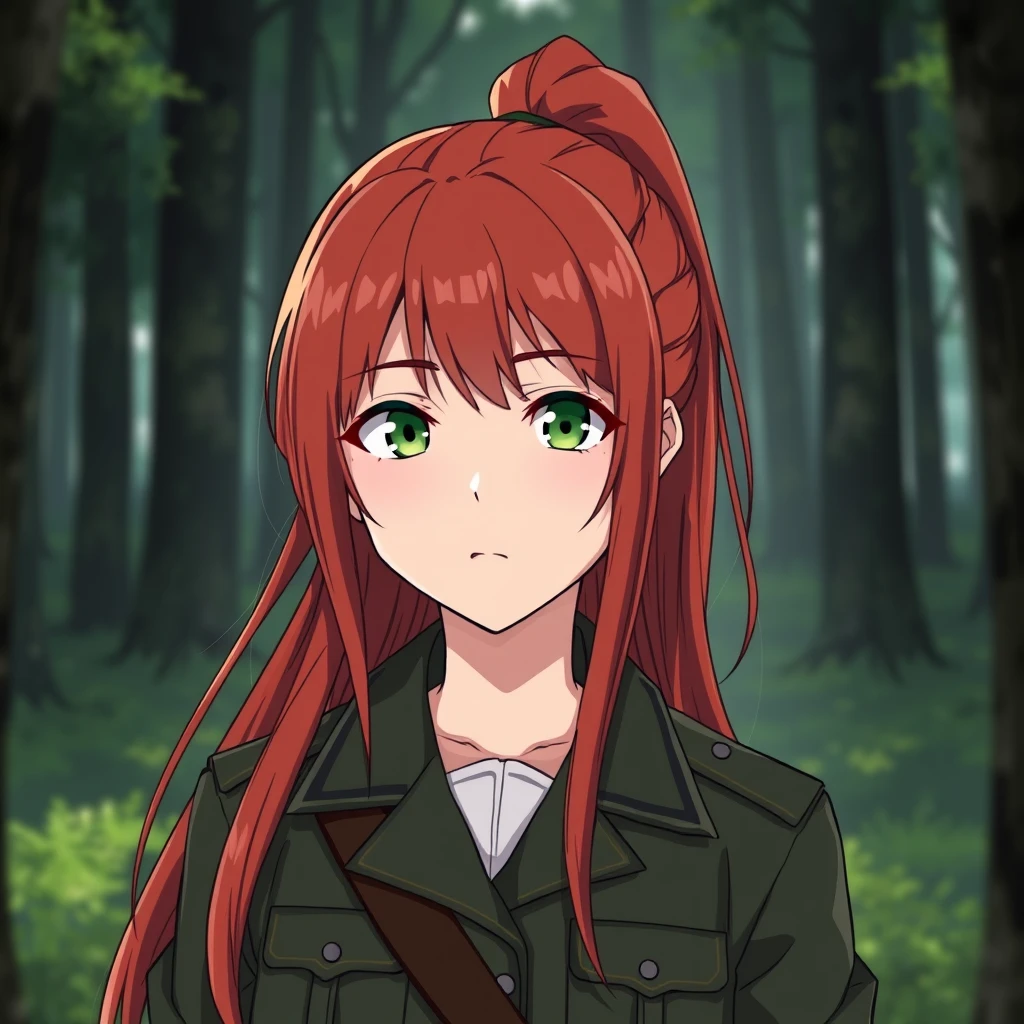 Red-haired girl in the forest, green eyes, long hair, ponytail, calm and serious, military uniform, in the style of Conrad Roset, Honkai Star Rail, Yoneyama Mai.