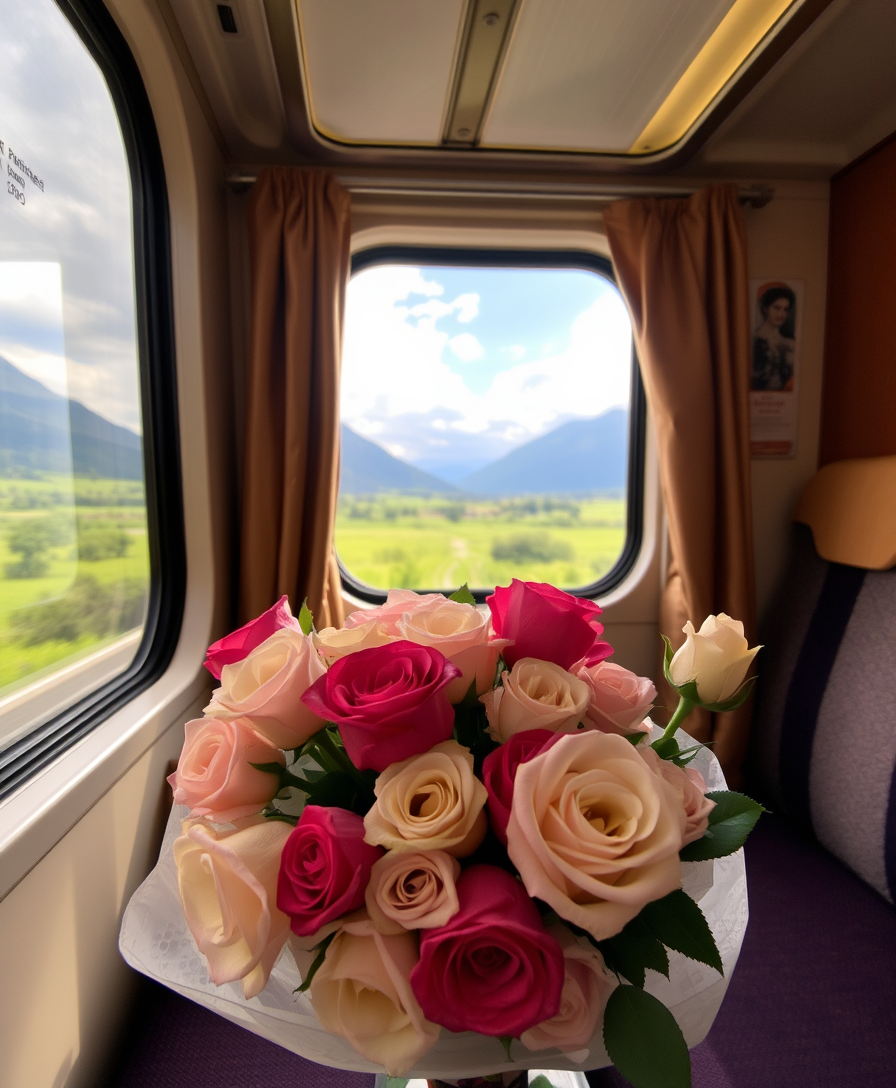 a train compartment, A bouquet of roses, perfect composition, beautiful view - Image