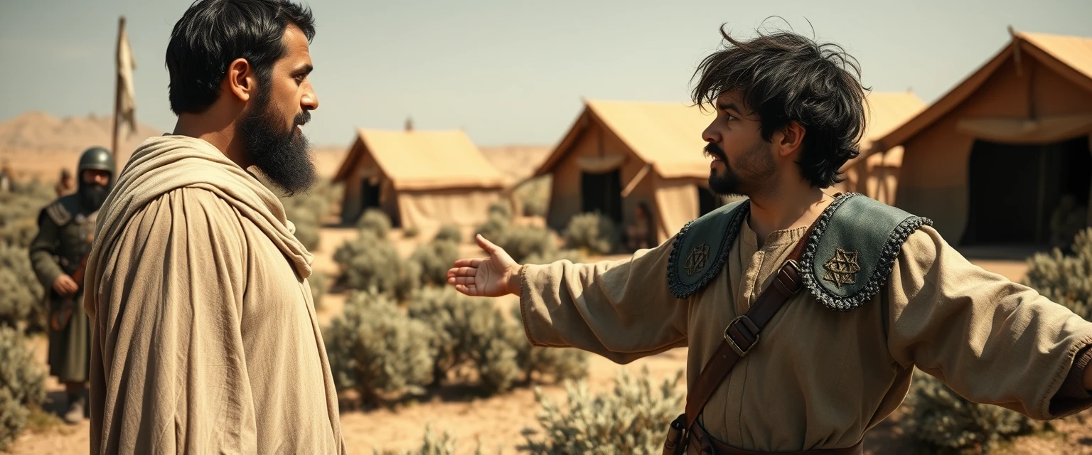 Create a scene of two men standing apart, arguing and staring at one another. The man on the right is a young Jewish lad dressed in a simple shepherd's tunic, with his arms stretched out to the sides. He has dark, messy, unkempt hair and a beard, and looks shocked. The man on the left is a middle-aged Jew with a Jewish black beard, wearing only a full suit of biblical-era leather lamellar armor. A group of four soldiers is gathered next to the man on the left. In the background are Arabic army tents pitched on a desert shrubland. The overall mood of the image is one of anxiety and concern.