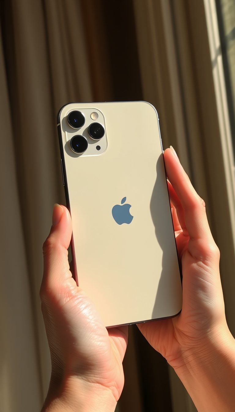 Her fingers are slender and her skin is fair and translucent. The sun shines on her hands and the back of the iPhone 15 from the window. A close-up of the iPhone 15 is held in both hands. No face needs to be shown.