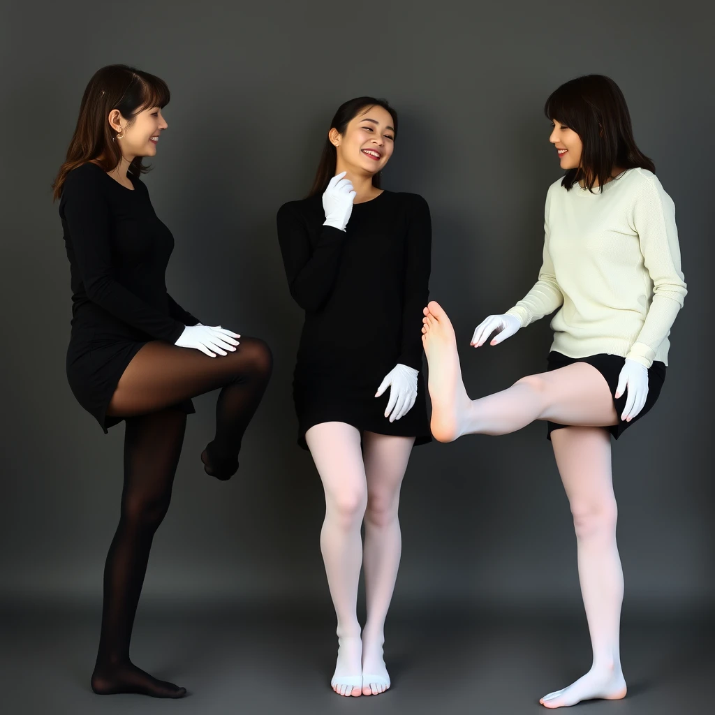 Three women wearing leggings and white and black stockings are facing each other, laughing and touching their feet, showing their tiptoes, and wearing thin white gloves. Real photo style, Asian style.