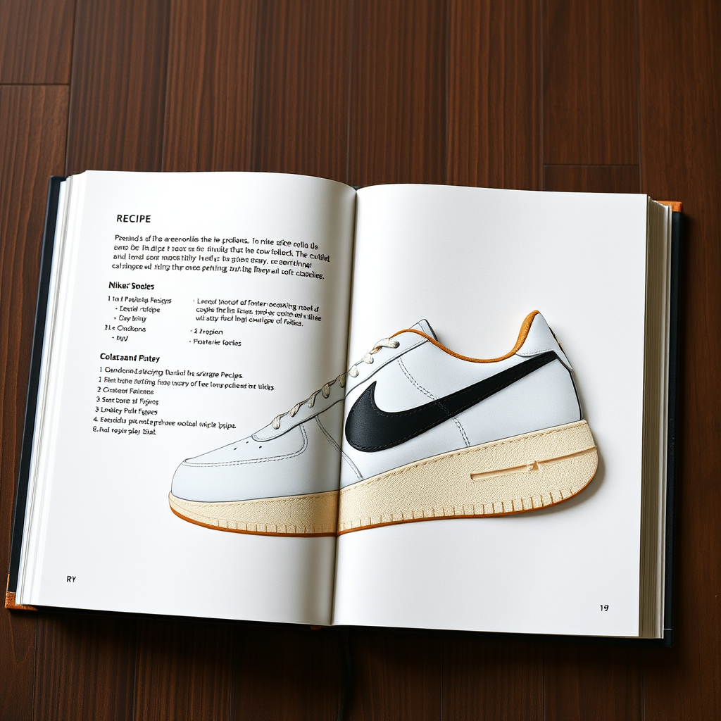 Book with recipe to create Nike shoes with cutting process, with brand 'RY'.