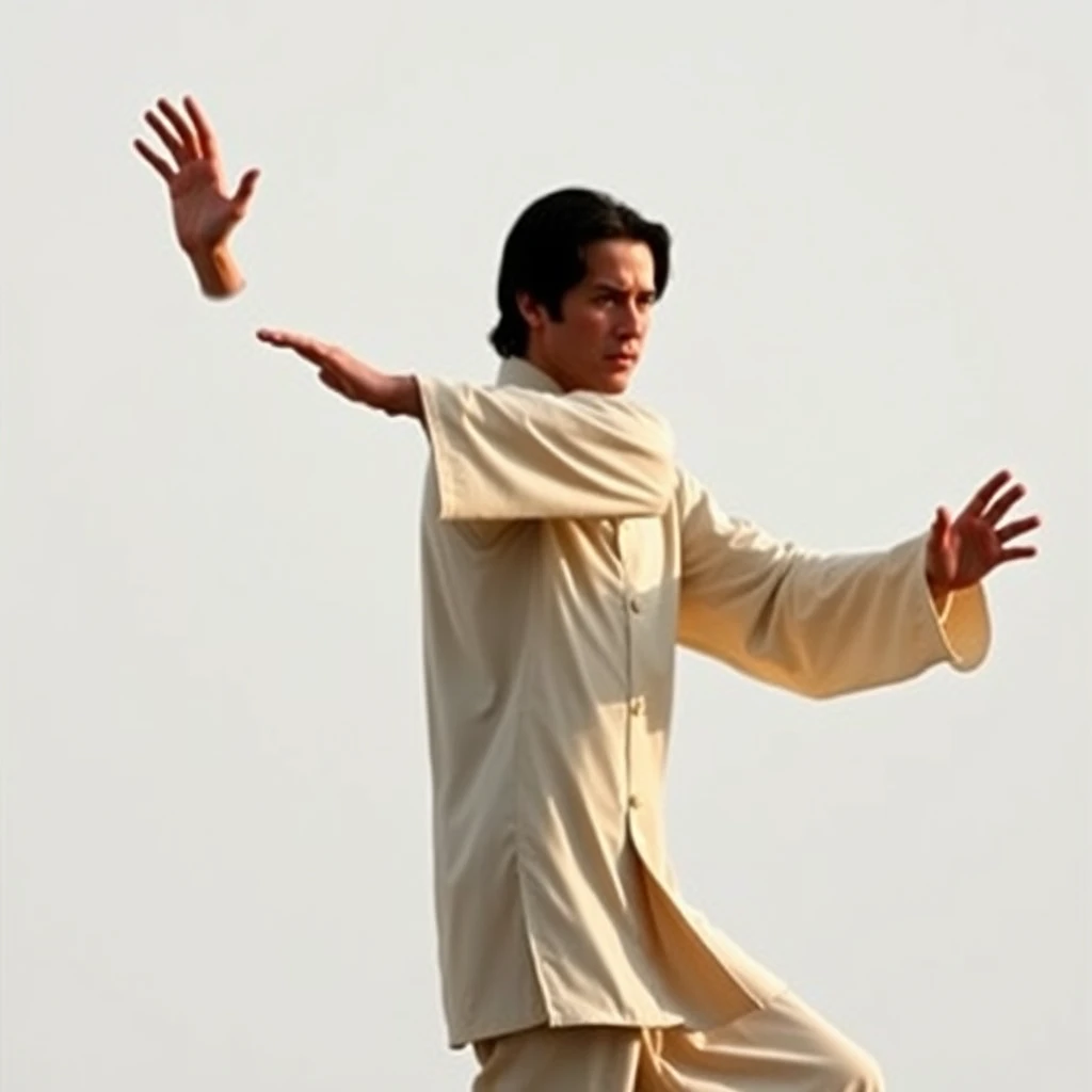 Cinematic photo of a young Keanu Reeves, performing Tai Chi in the White Crane Spreads Its Wings posture. He stands in a balanced and poised stance with his left hand extended upward, his right hand downward, and palm facing inward, emphasizing the grace and fluidity of the movement. The background is serene and minimalistic, highlighting the intricate hand movements and overall posture of Tai Chi. - Image