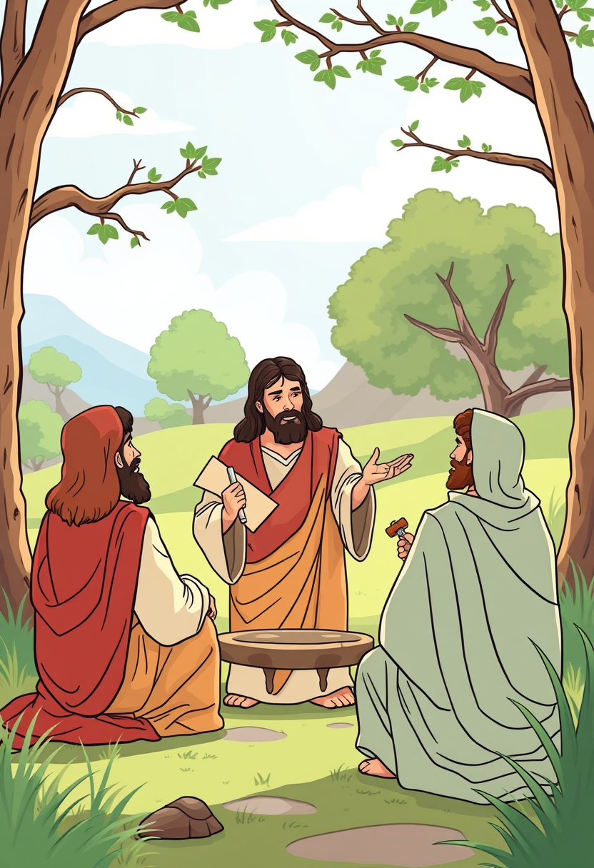 Create an image of Jesus with his twelve disciples, sharing a moment of teaching and fellowship in a serene outdoor setting. cartoon style, thick lines, low details, no shading. - Image