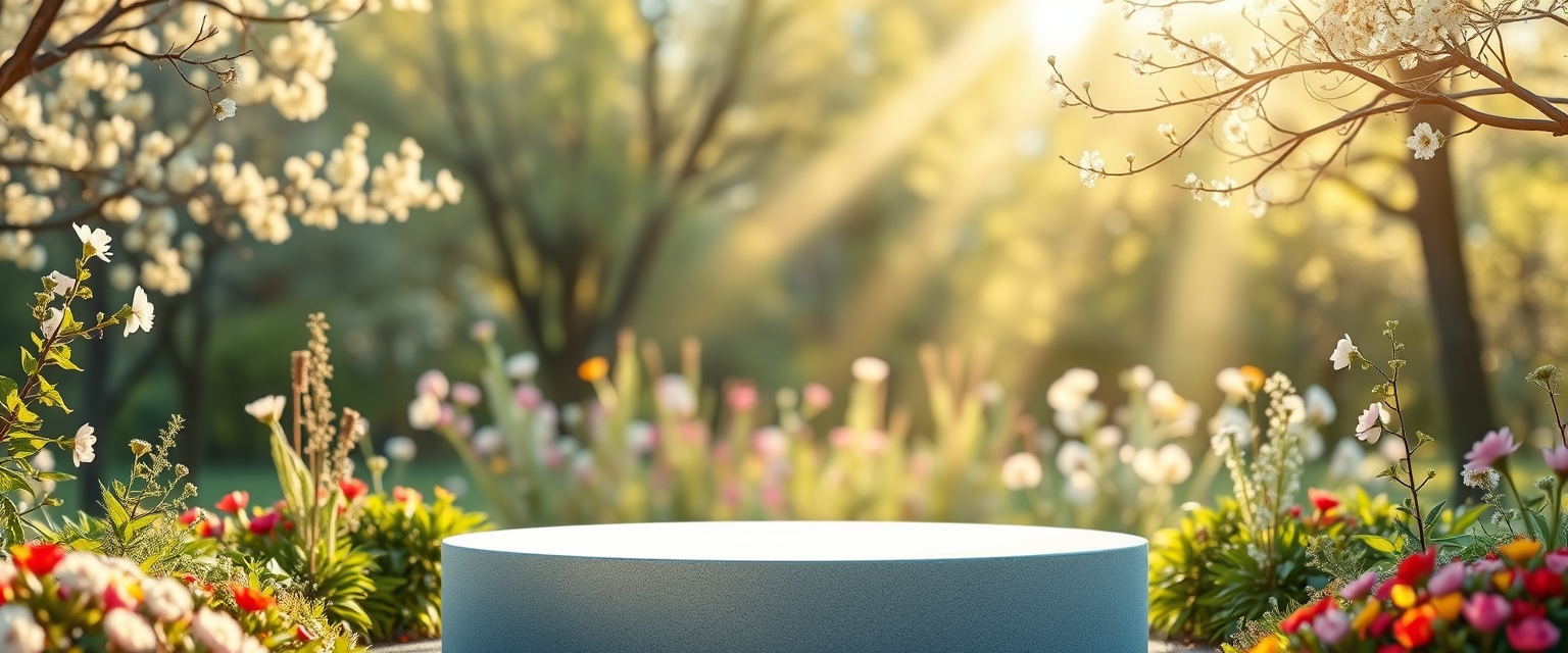 Serene Garden Podium with Spring Background Under Morning Light