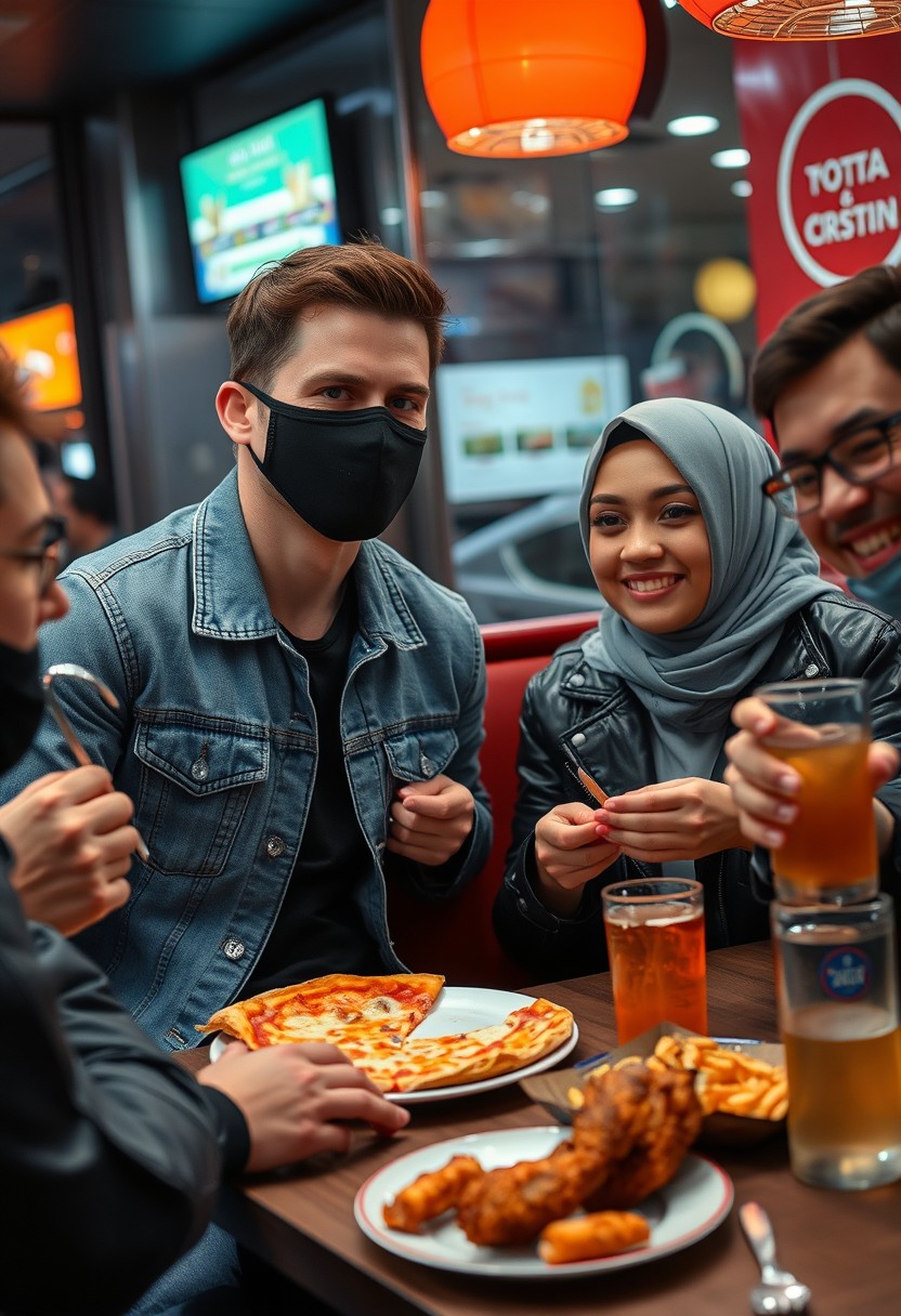 Jamie Dornan's head and body shot, handsome, young, black face mask, blue jeans jacket, jeans, dating a beautiful Muslim girl in a grey hijab with beautiful eyes, black face mask, black leather jacket, biggest floral skirt, at a fast food restaurant, with a plate of cheese pizza slices, a plate of Korean fried chicken and fries, a glass of soft drink, eating with three other random smiling friends, photorealistic, hyper-realistic, street photography.