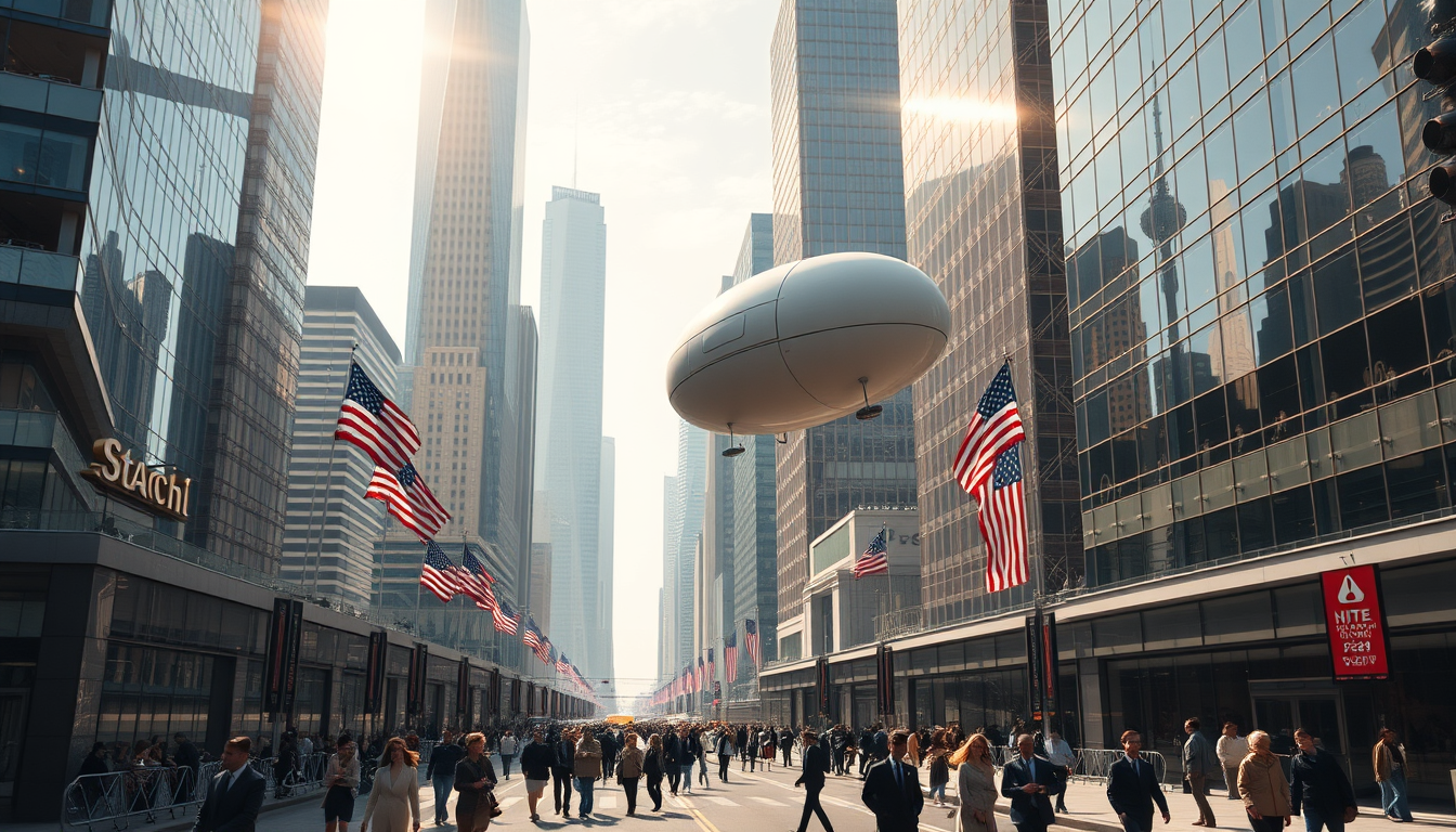 Create a stunning high-resolution image of a futuristic city. The skyline should be covered with towering skyscrapers. Include a light-colored elliptical balloon-type robot hurtling through the air with tiny black balancers on either side of the balloon, and don't show ropes and American flags. The streets should be bustling with people dressed in fashion-forward outfits. Highlight the small balloon-type robot performing its rounds in the sky, and the beautiful sunlight reflecting on the glass surfaces of the buildings, creating an atmosphere of excitement and innovation. Very sharp and realistic details, 32K. - Image